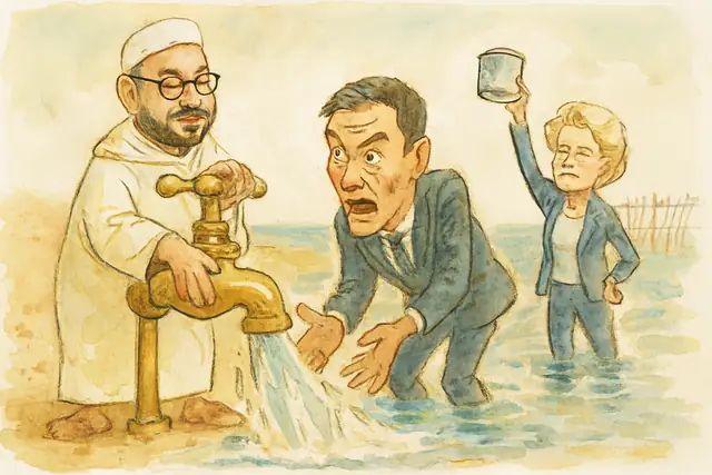 Karikatur zum Stück: Ceuta, Ende Juli 2026: Wenn Marokko die Grenze öffnet, verhandelt Europa